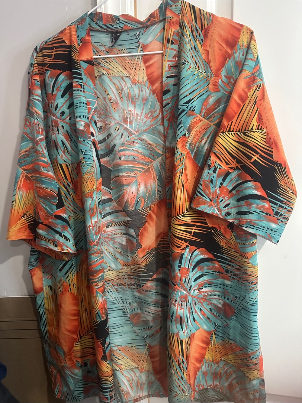 Open-Front Tropical Leaf Kimono Vest - Orange & Teal